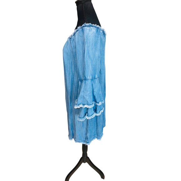 Boston Proper Denim L Blue Off-Shoulder Denim Ruffled Bell Sleeve Dress Cowgirl - Picture 6 of 11